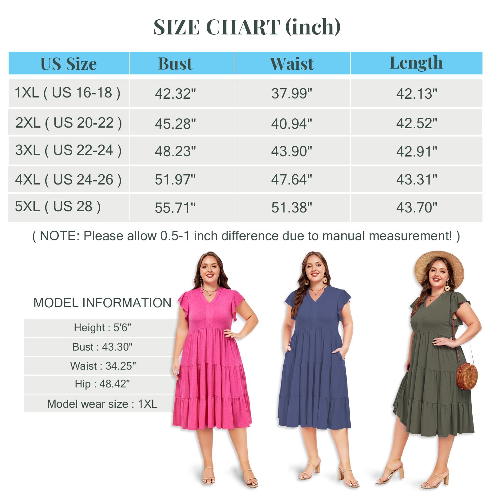 Plus Size V Neck Ruffle Midi Dress-Army Green, 5XL Plus Size V Neck Ruffle Midi Dress-Army Green, 5XL