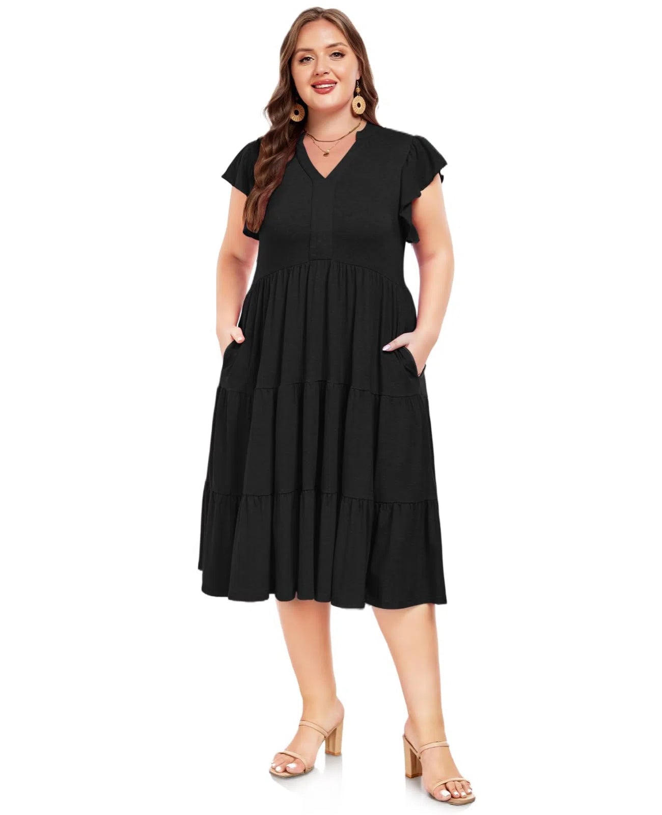 Plus Size V Neck Ruffle Midi Dress-Black, XXL