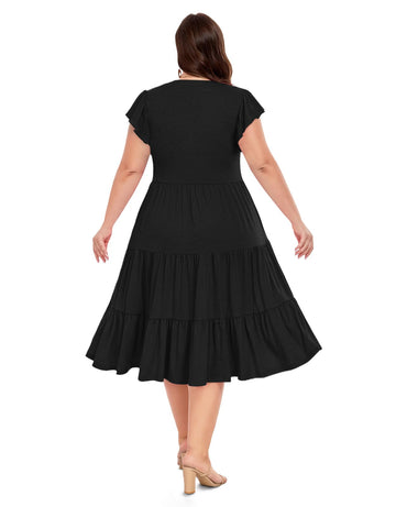 Plus Size V Neck Ruffle Midi Dress-Black