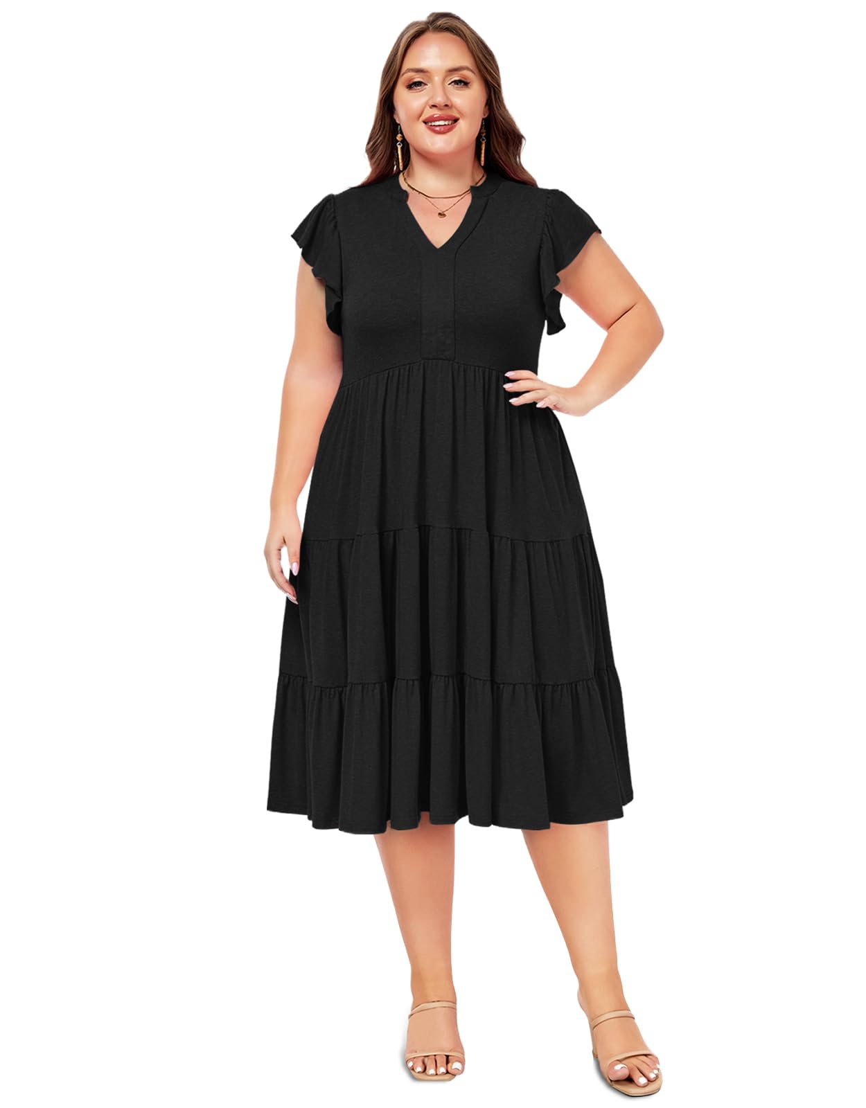 Plus Size V Neck Ruffle Midi Dress-Black