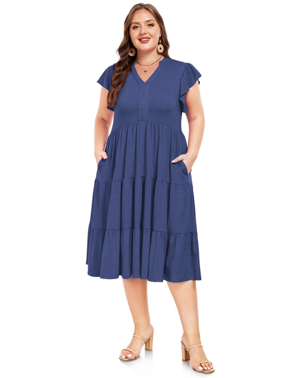 Plus Size V Neck Ruffle Midi Dress-Navy Blue, XXL
