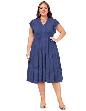 Plus Size V Neck Ruffle Midi Dress-Navy Blue