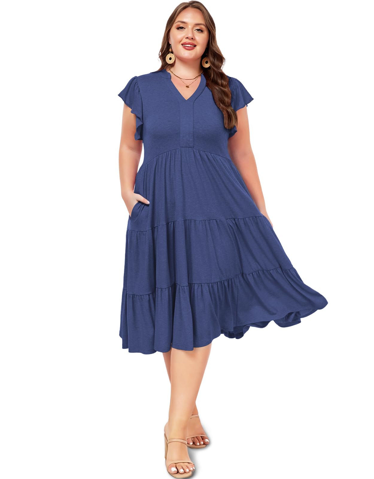Plus Size V Neck Ruffle Midi Dress-Navy Blue, 4XL Plus Size V Neck Ruffle Midi Dress-Navy Blue, 4XL