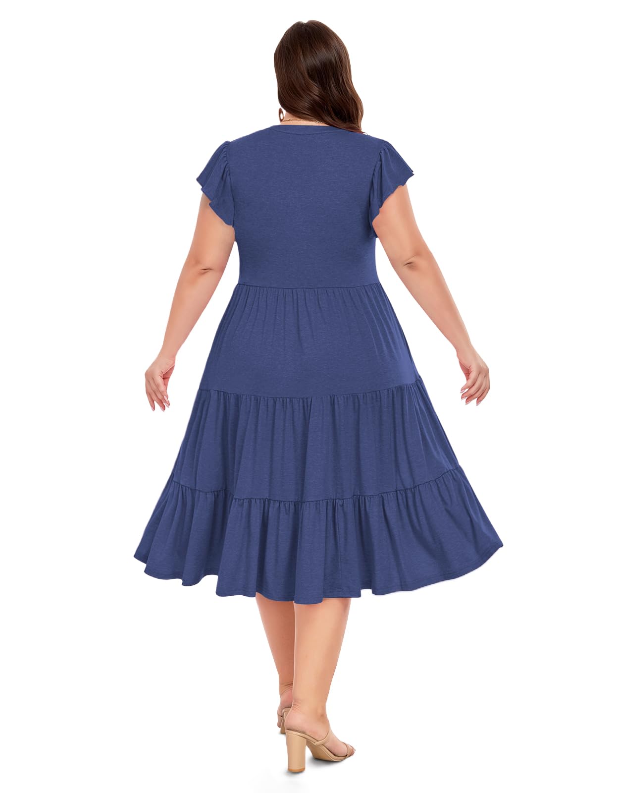 Plus Size V Neck Ruffle Midi Dress-Navy Blue, XXL Plus Size V Neck Ruffle Midi Dress-Navy Blue, XXL