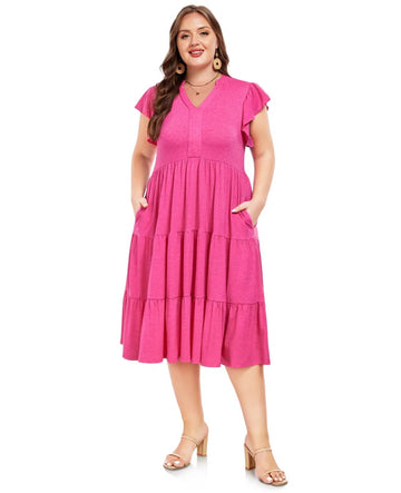 Plus Size V Neck Ruffle Midi Dress-Pink