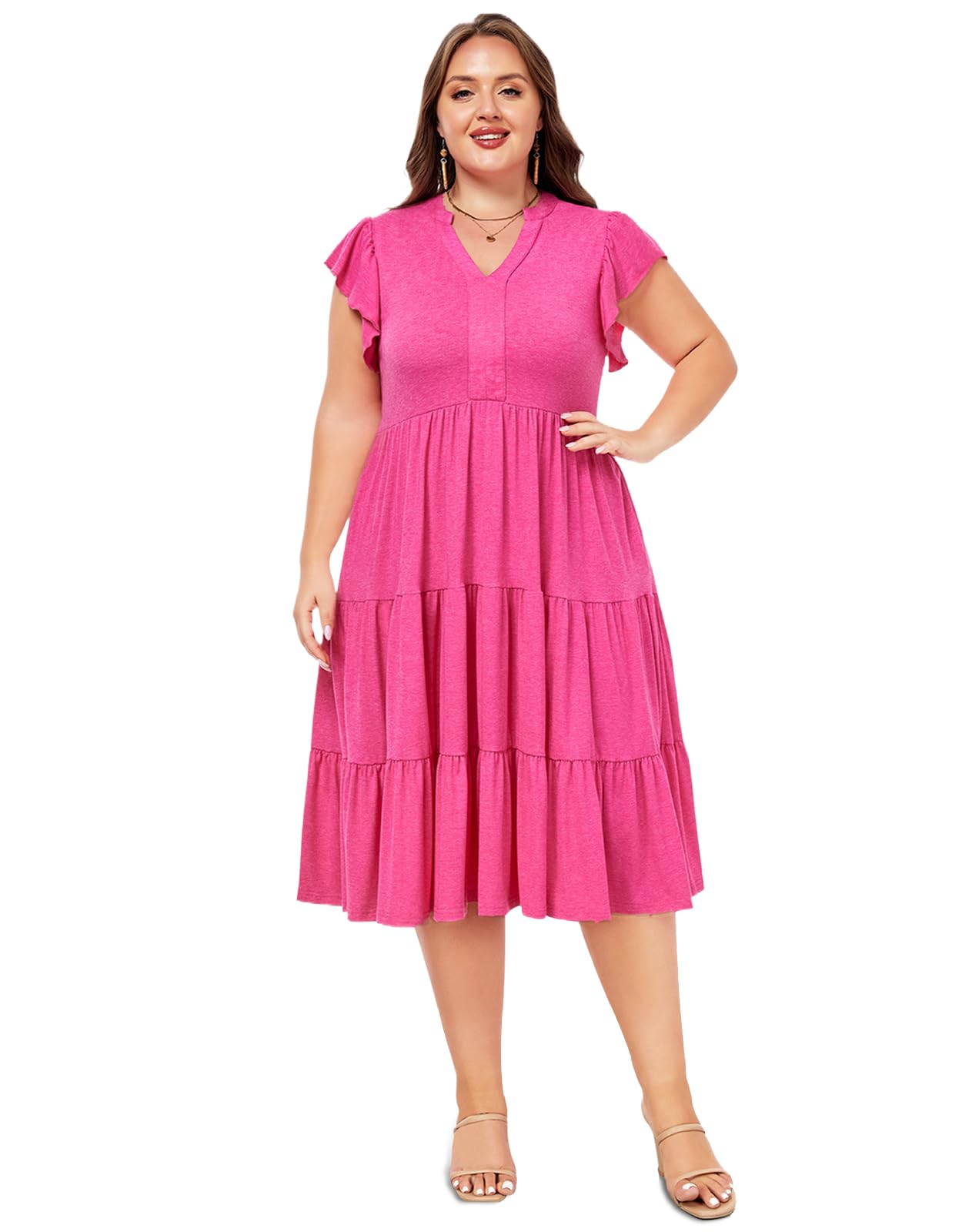 Plus Size V Neck Ruffle Midi Dress-Pink, 4XL Plus Size V Neck Ruffle Midi Dress-Pink, 4XL