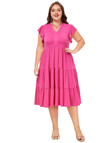 Plus Size V Neck Ruffle Midi Dress-Pink