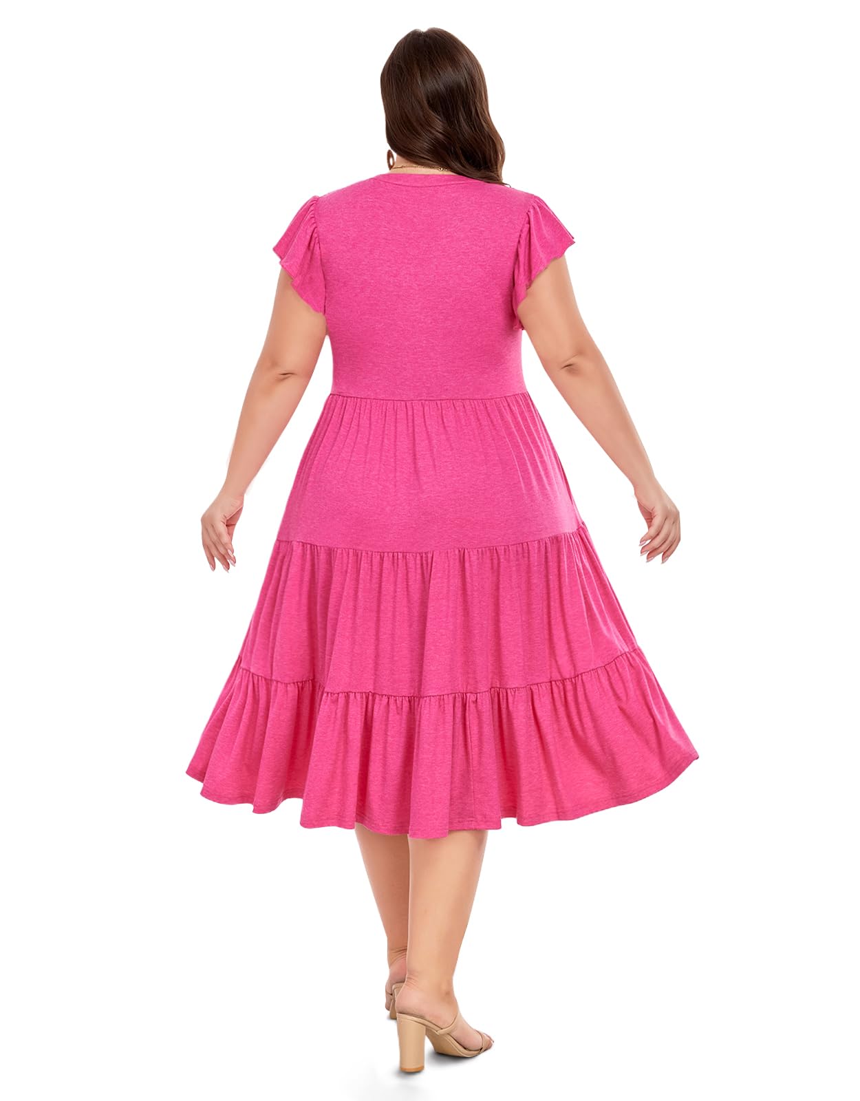 Plus Size V Neck Ruffle Midi Dress-Pink | Moon Wood Plus Size V Neck Ruffle Midi Dress-Pink | Moon Wood