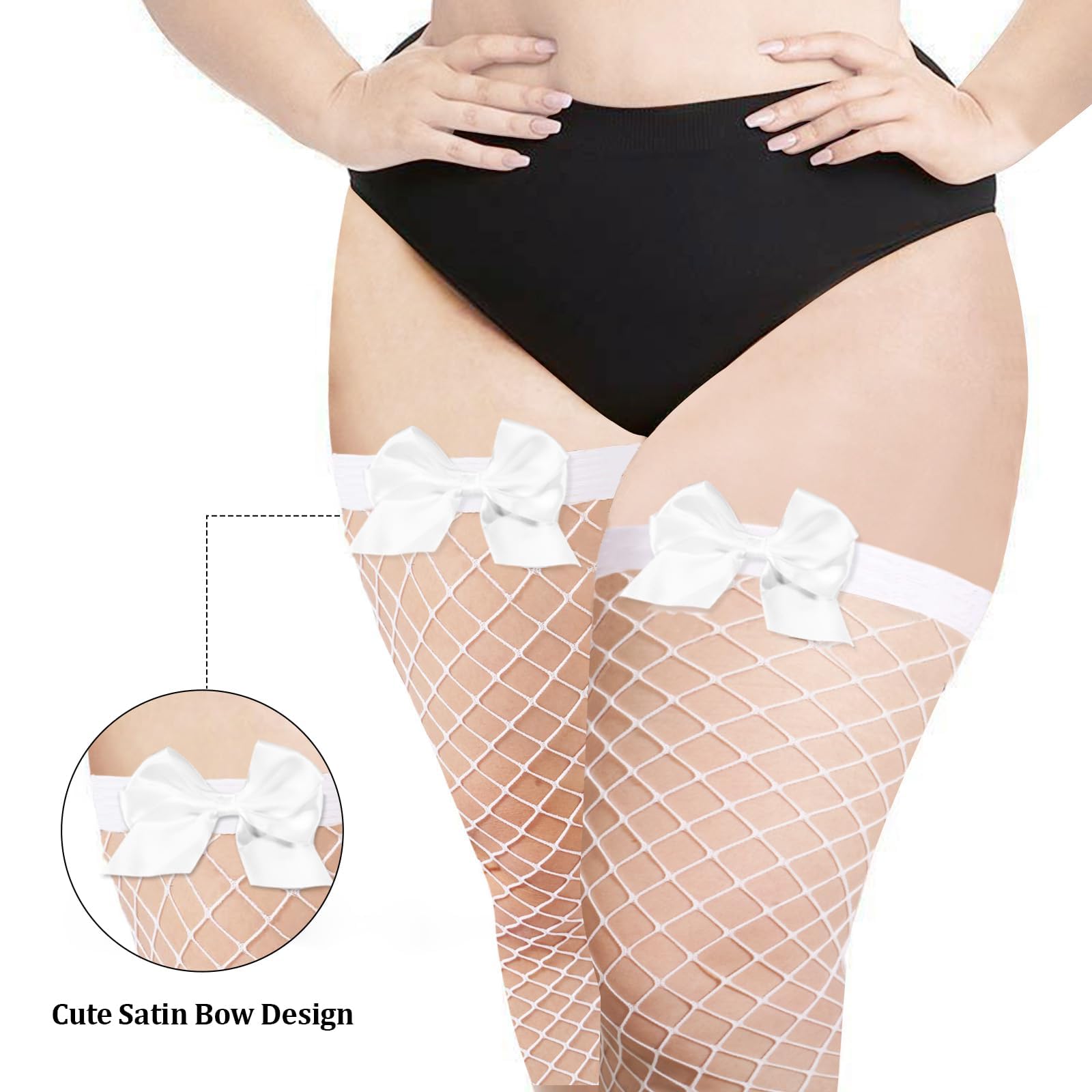 Plus Size White Fishnet Stockings with Bows - White Plus Size White Fishnet Stockings with Bows - White