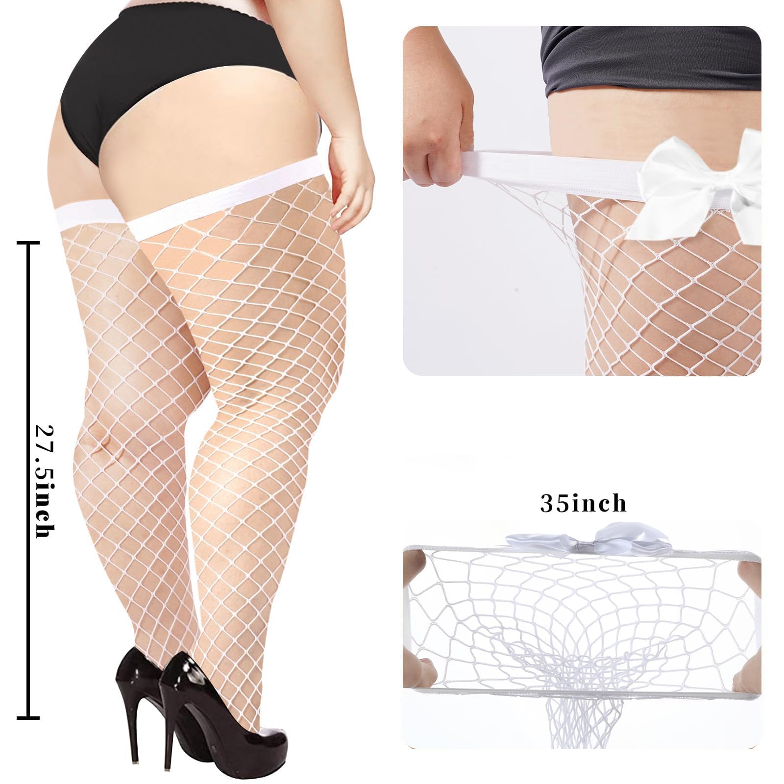 Plus Size White Fishnet Stockings with Bows - White Plus Size White Fishnet Stockings with Bows - White