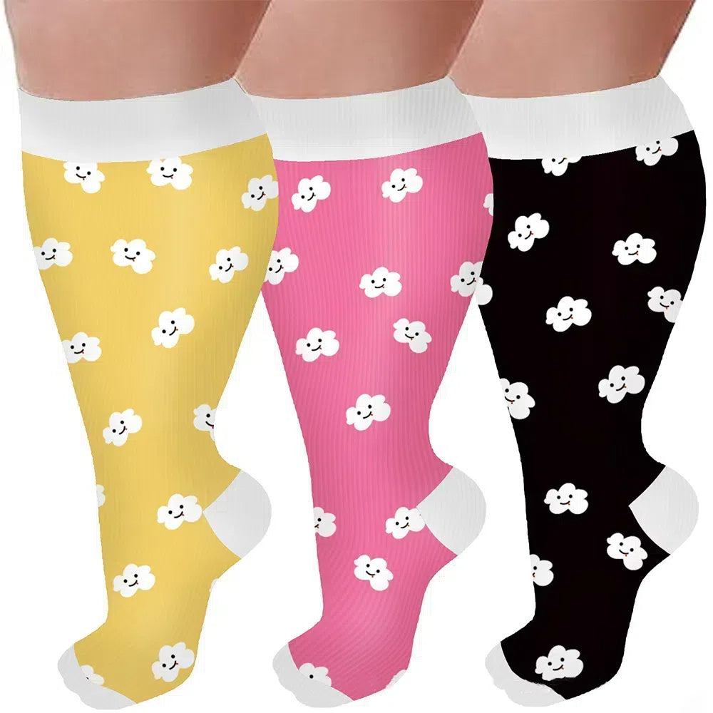 Plus Size Wide Calf Compression Socks Smiley Cloud(3 Pairs)-Moon Wood