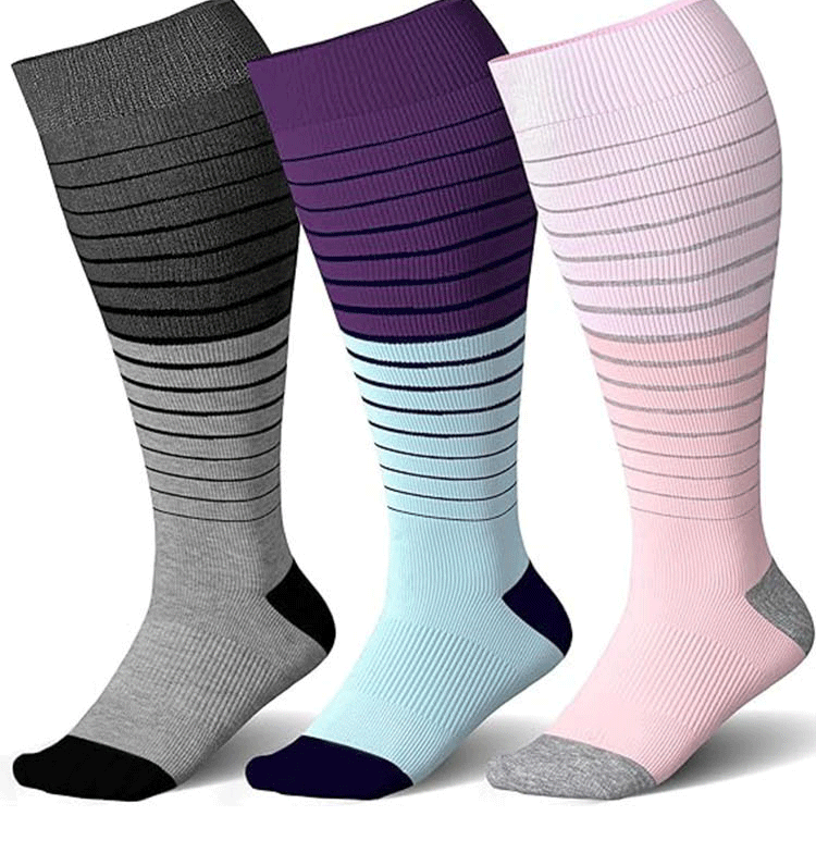 Plus Size Wide Calf Compression Socks Stripe(3 Pairs)-Moon Wood