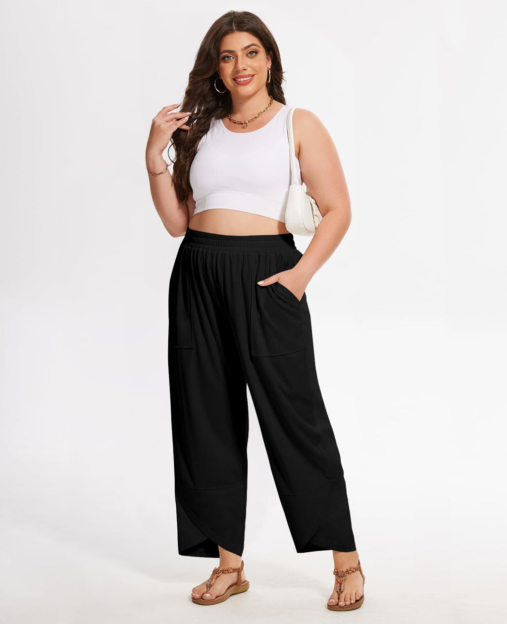 Plus Size Wide Leg Pants Casual for Summer - Black-Moon Wood