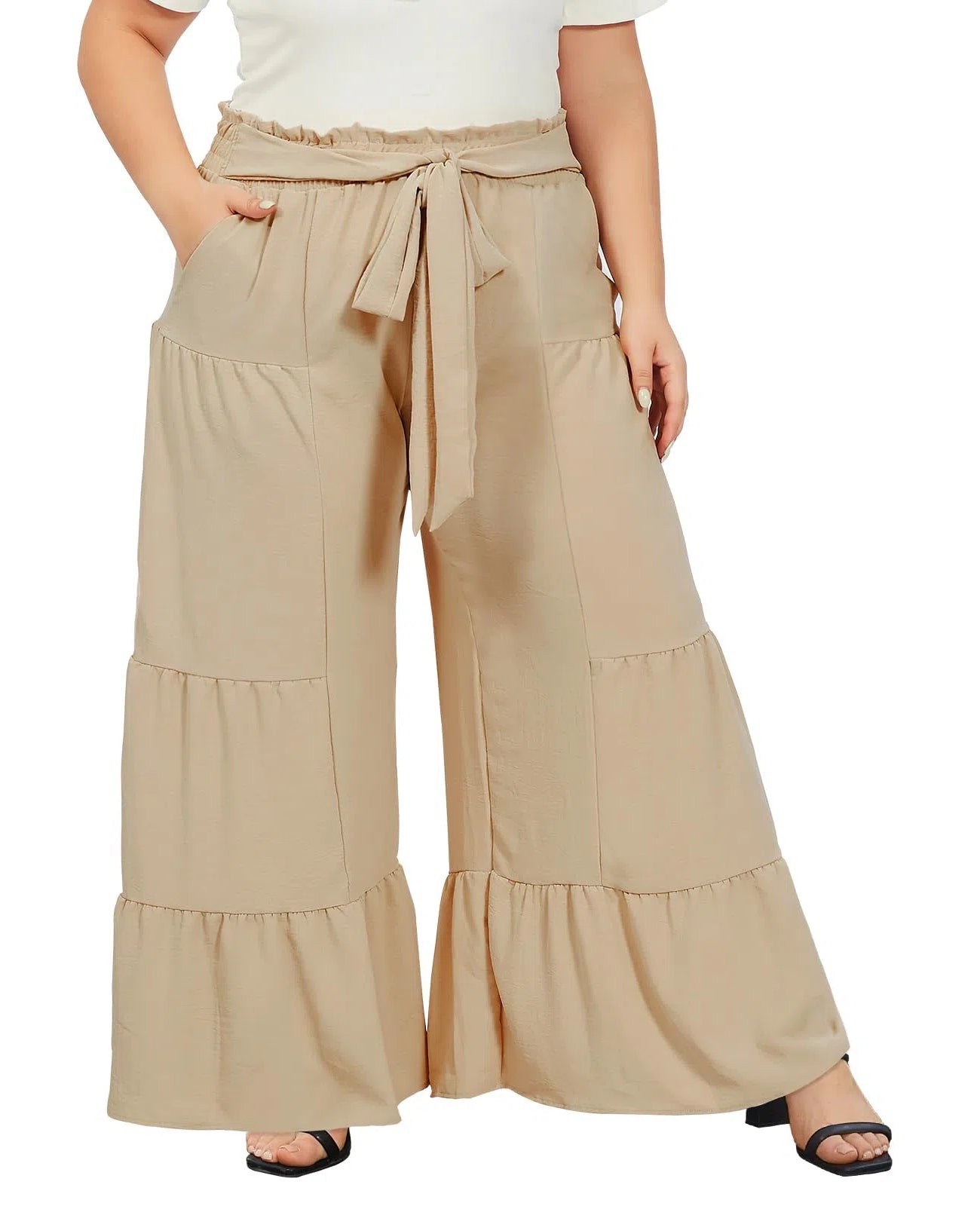 Plus Size Wide Leg Pants High Waisted - Almond-Moon Wood