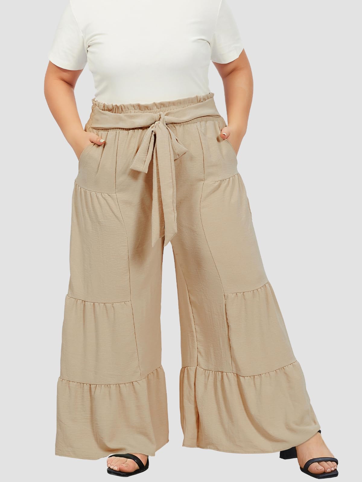 Plus Size Wide Leg Pants High Waisted - Almond-Moon Wood