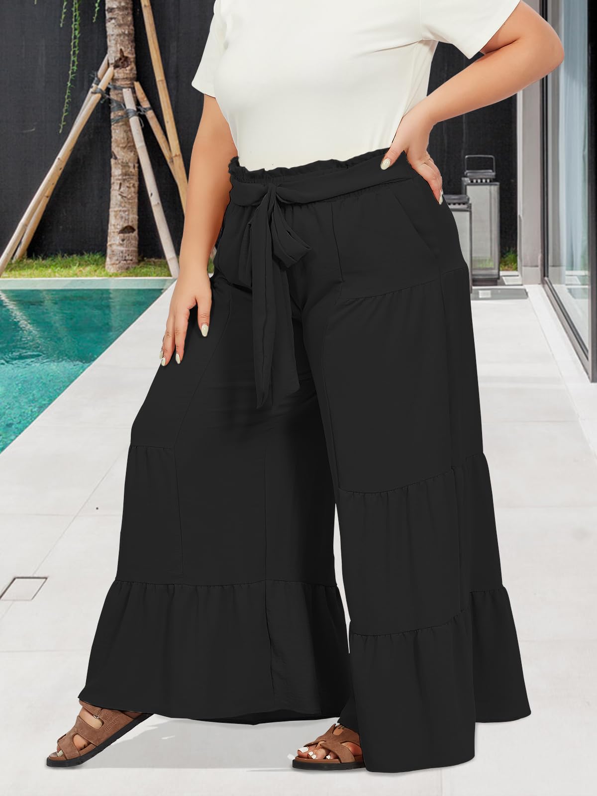 Plus Size Wide Leg Pants High Waisted - Black-Moon Wood