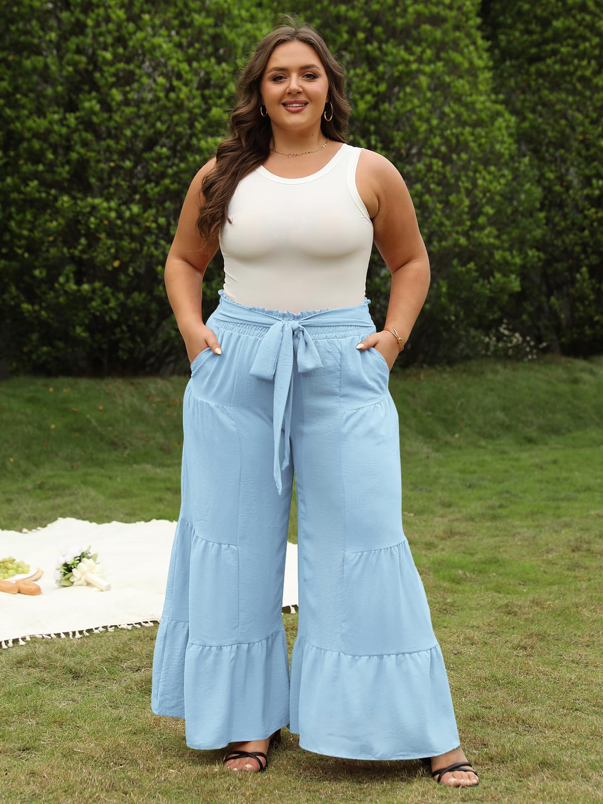 Plus Size Wide Leg Pants High Waisted - Haze Blue, 3XL Plus Size Wide Leg Pants High Waisted - Haze Blue, 3XL