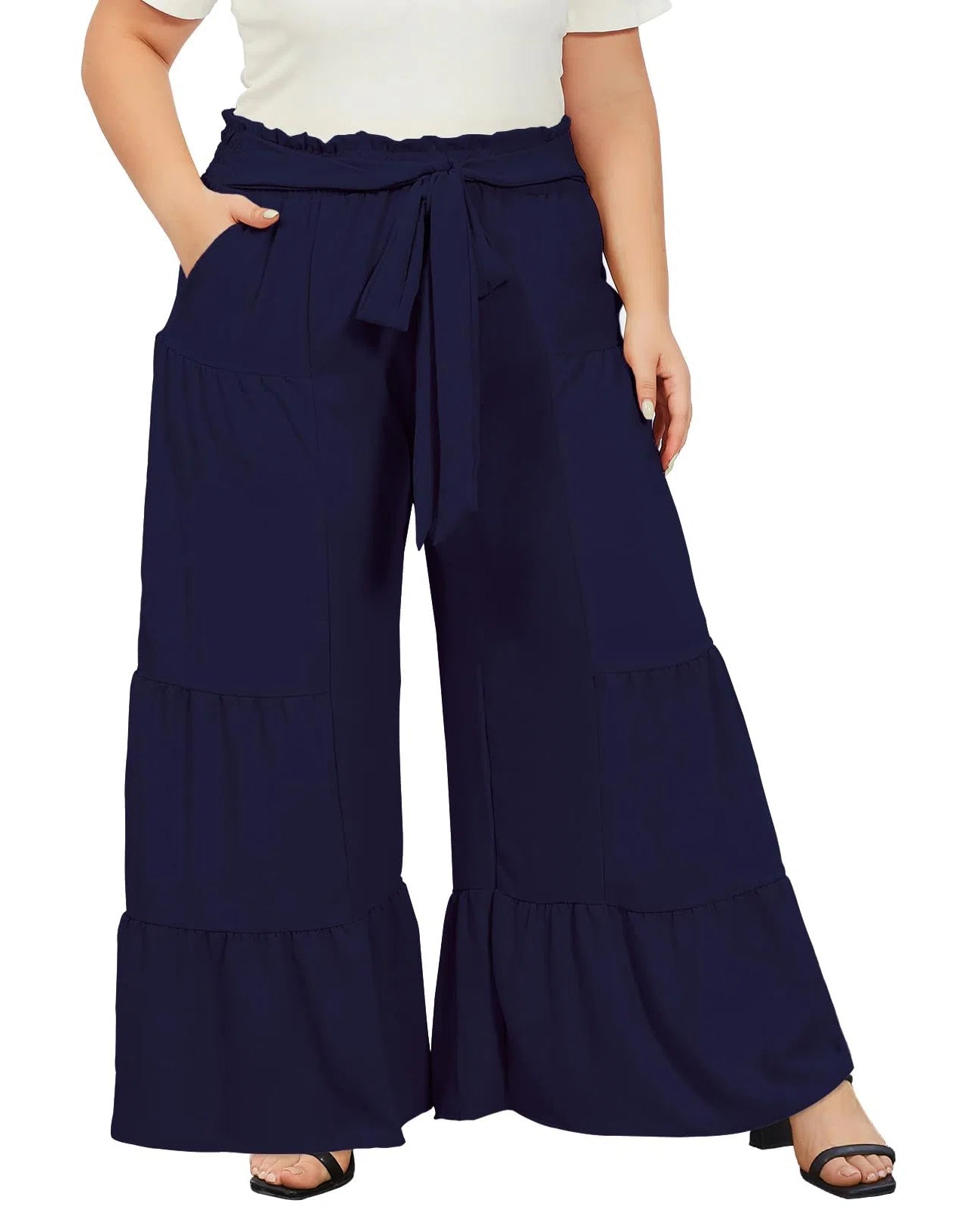 Plus Size Wide Leg Pants High Waisted - Navy-Moon Wood