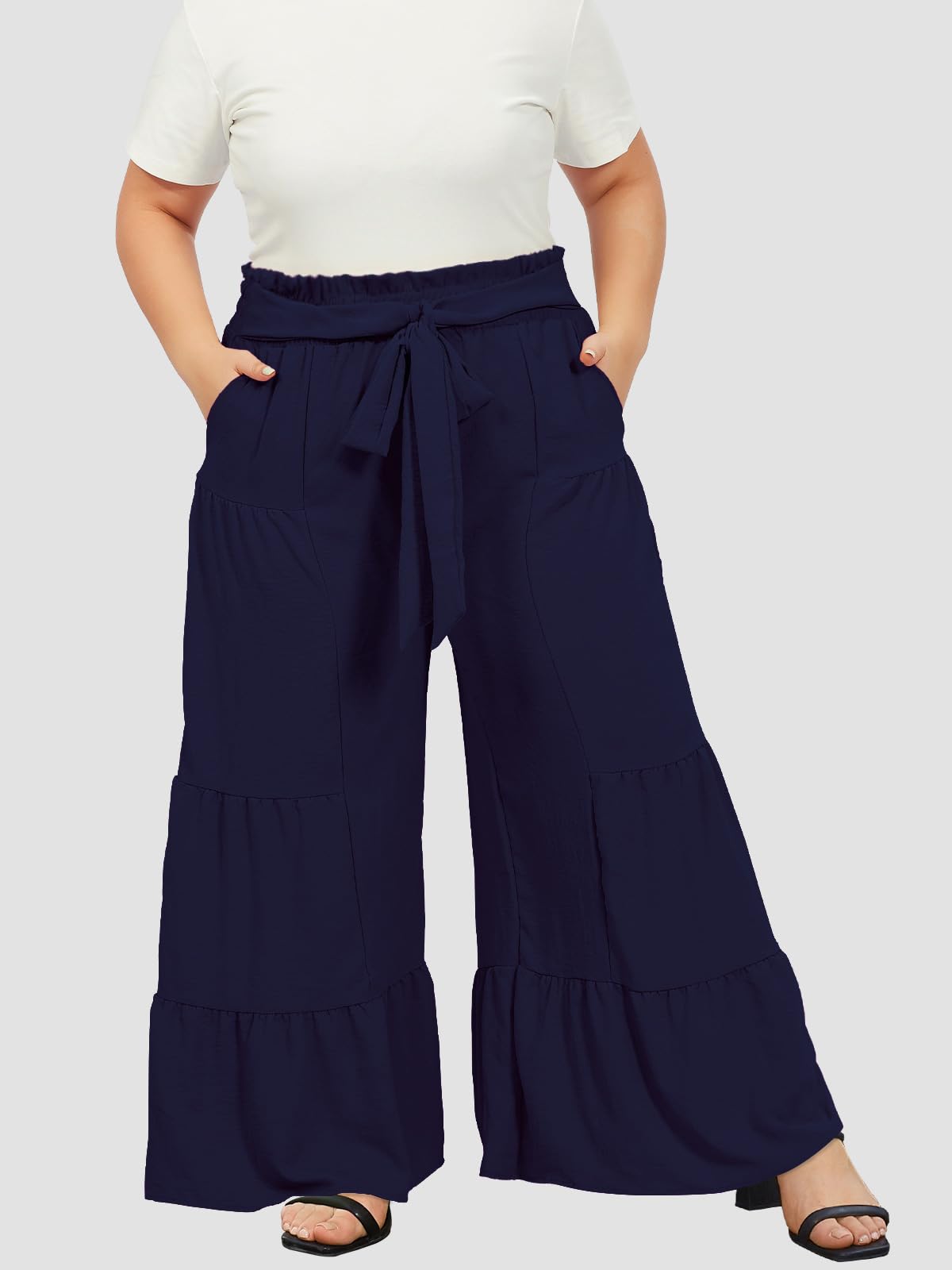 Plus Size Wide Leg Pants High Waisted - Navy-Moon Wood