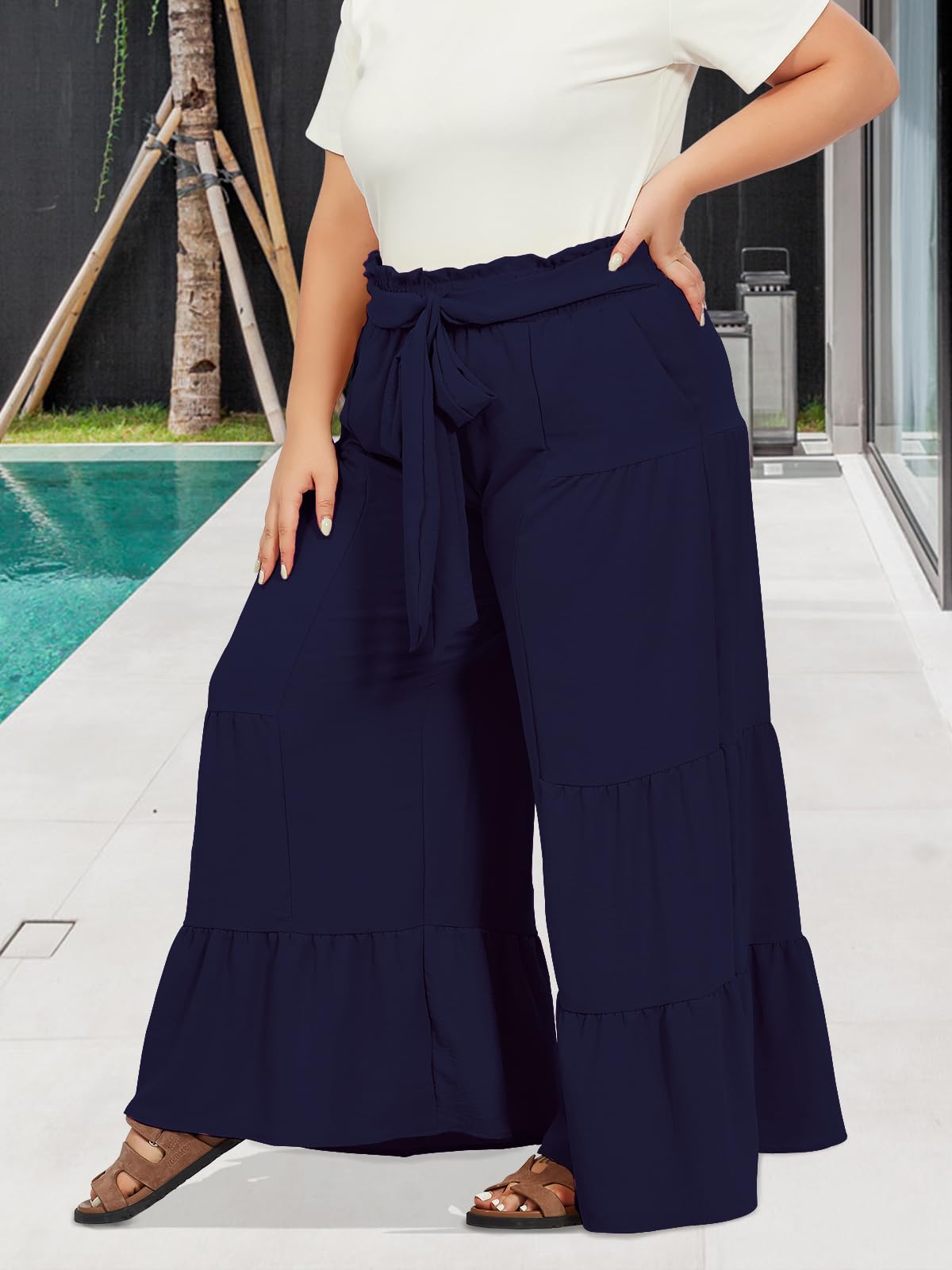 Plus Size Wide Leg Pants High Waisted - Navy-Moon Wood