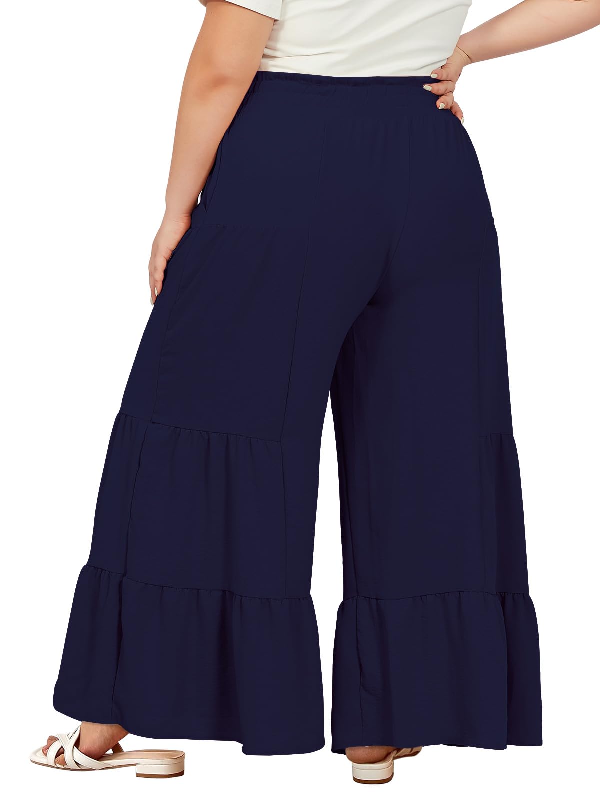 Plus Size Wide Leg Pants High Waisted - Navy-Moon Wood