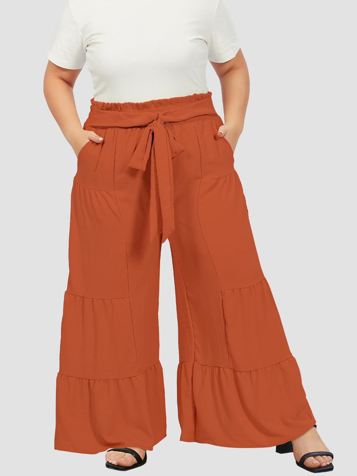 Plus Size Wide Leg Pants High Waisted Red