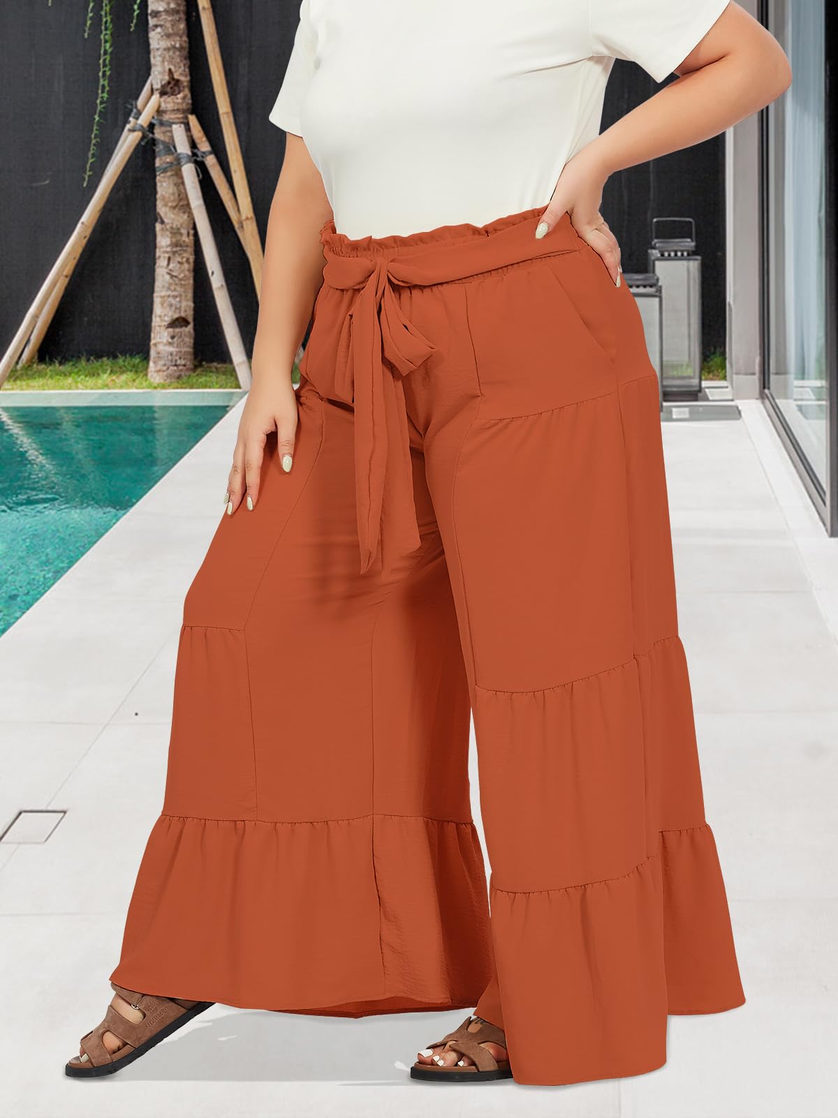 Plus Size Wide Leg Pants High Waisted - Red-Moon Wood