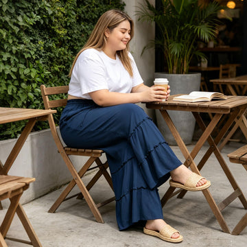 Plus Size Wide Leg Pants Ruffled Tiered - Navy Blue