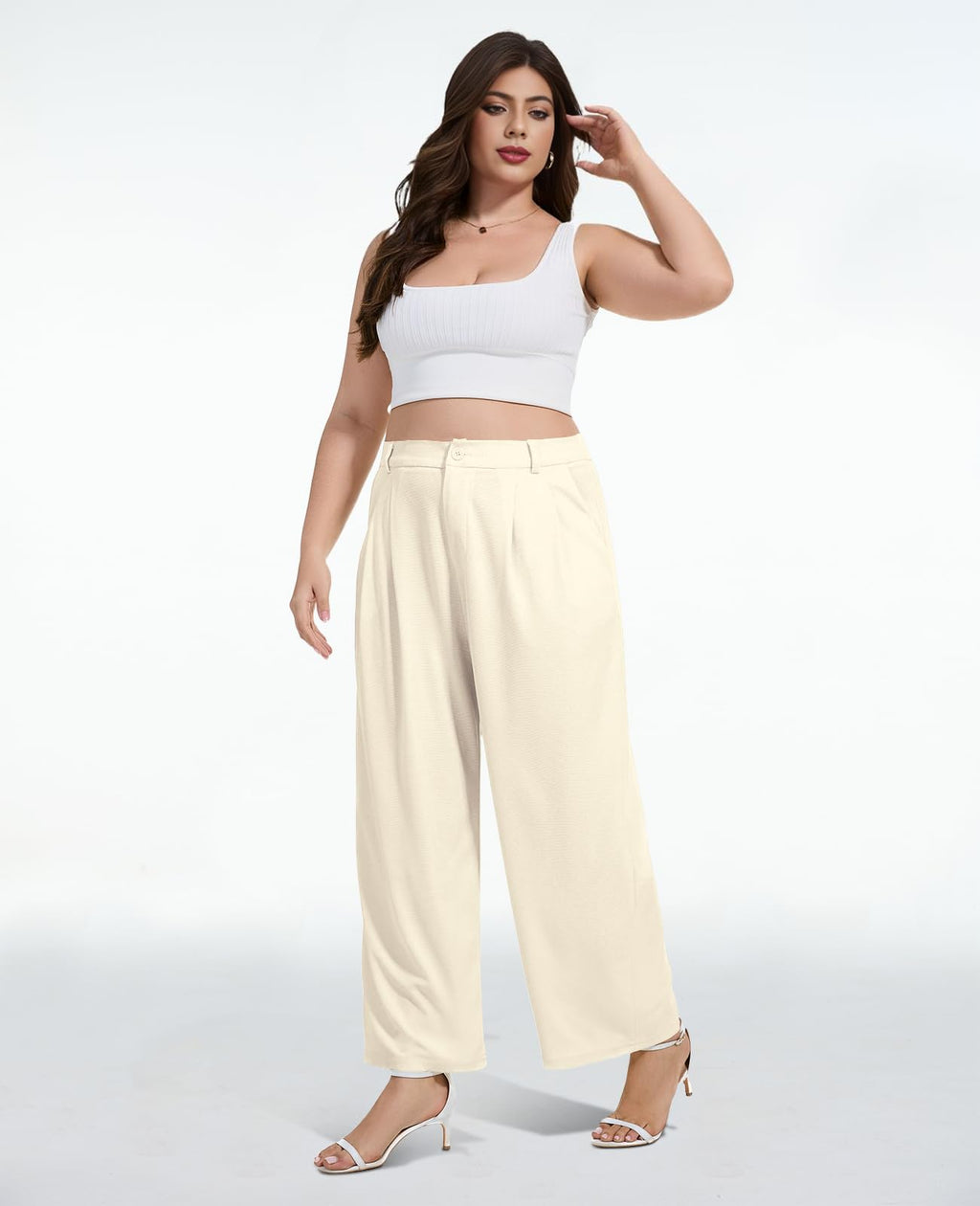 Light apricot wide-leg trouser pants with high waist and relaxed drapey legs