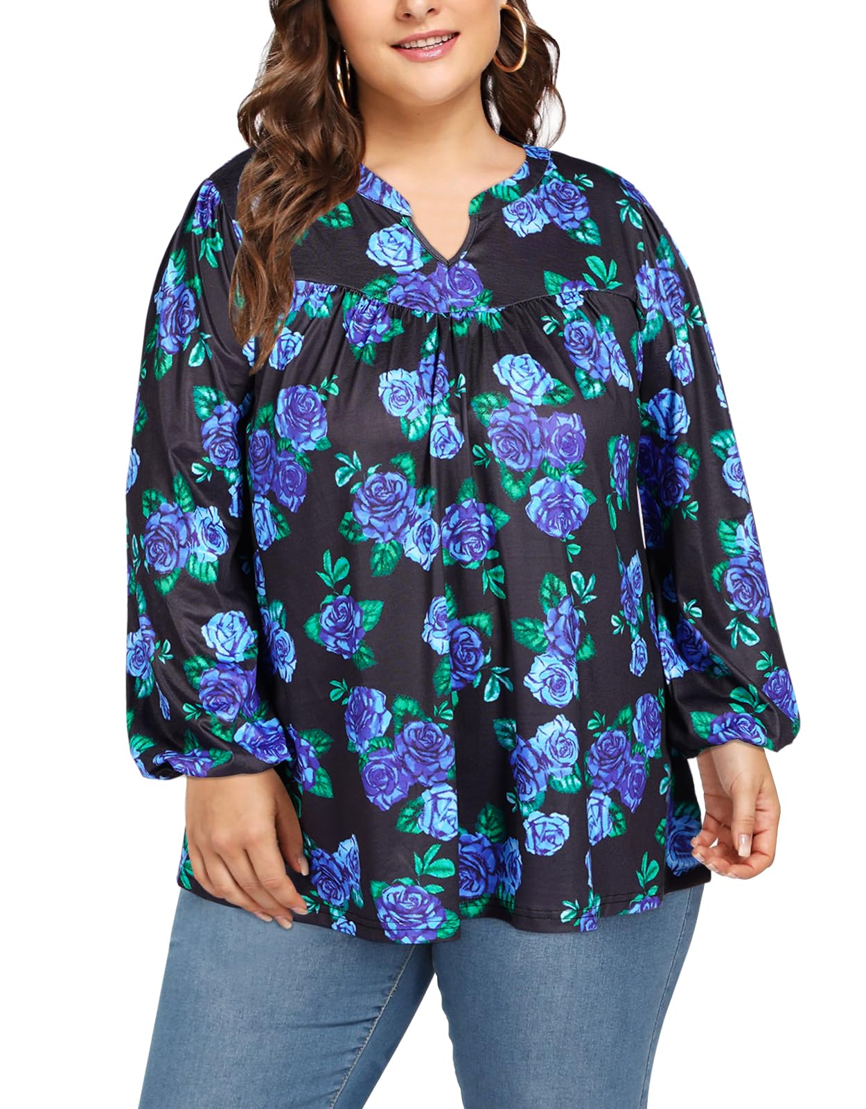 Plus Size Women's Casual Blouses - Blue Floral-Moon Wood