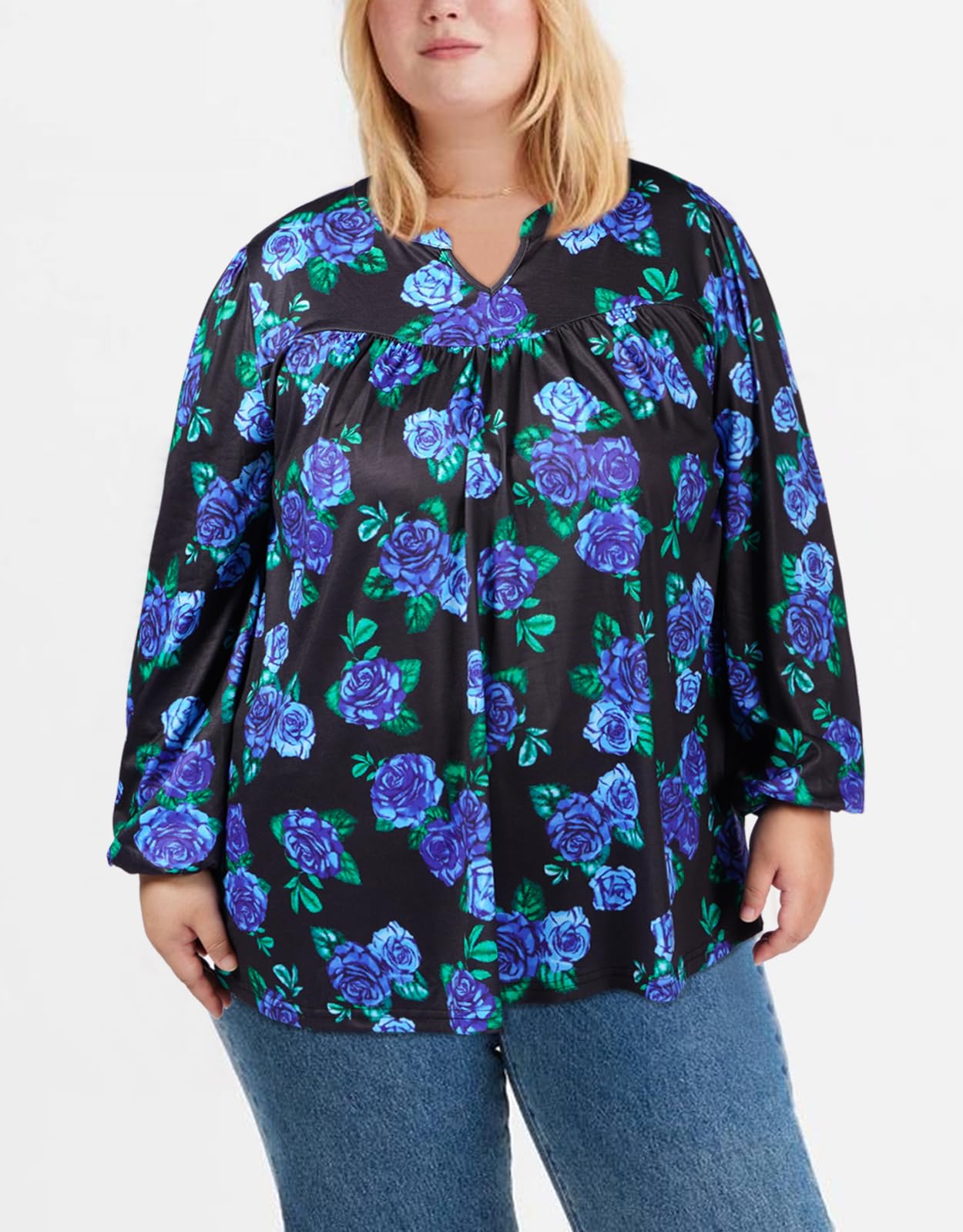 Plus Size Women's Casual Blouses - Blue Floral-Moon Wood