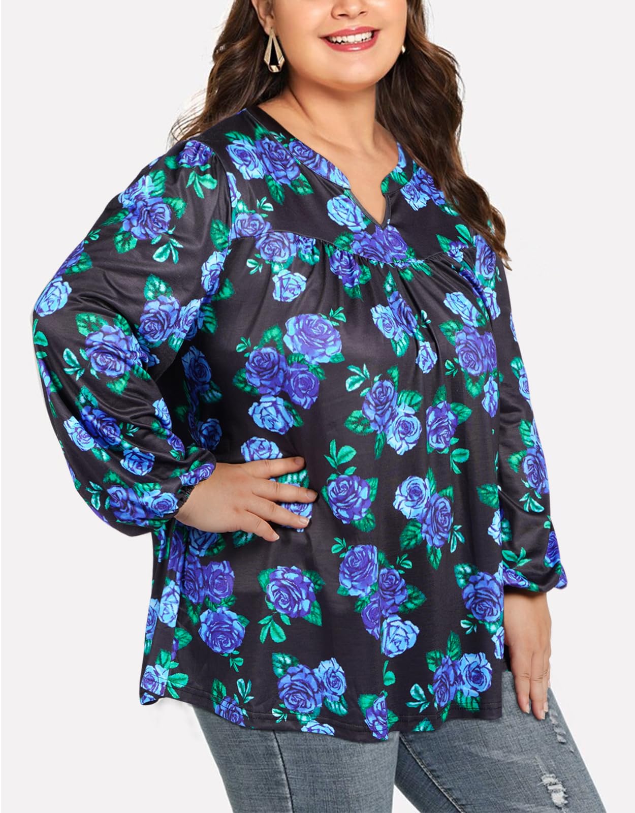 Plus Size Women's Casual Blouses - Blue Floral-Moon Wood