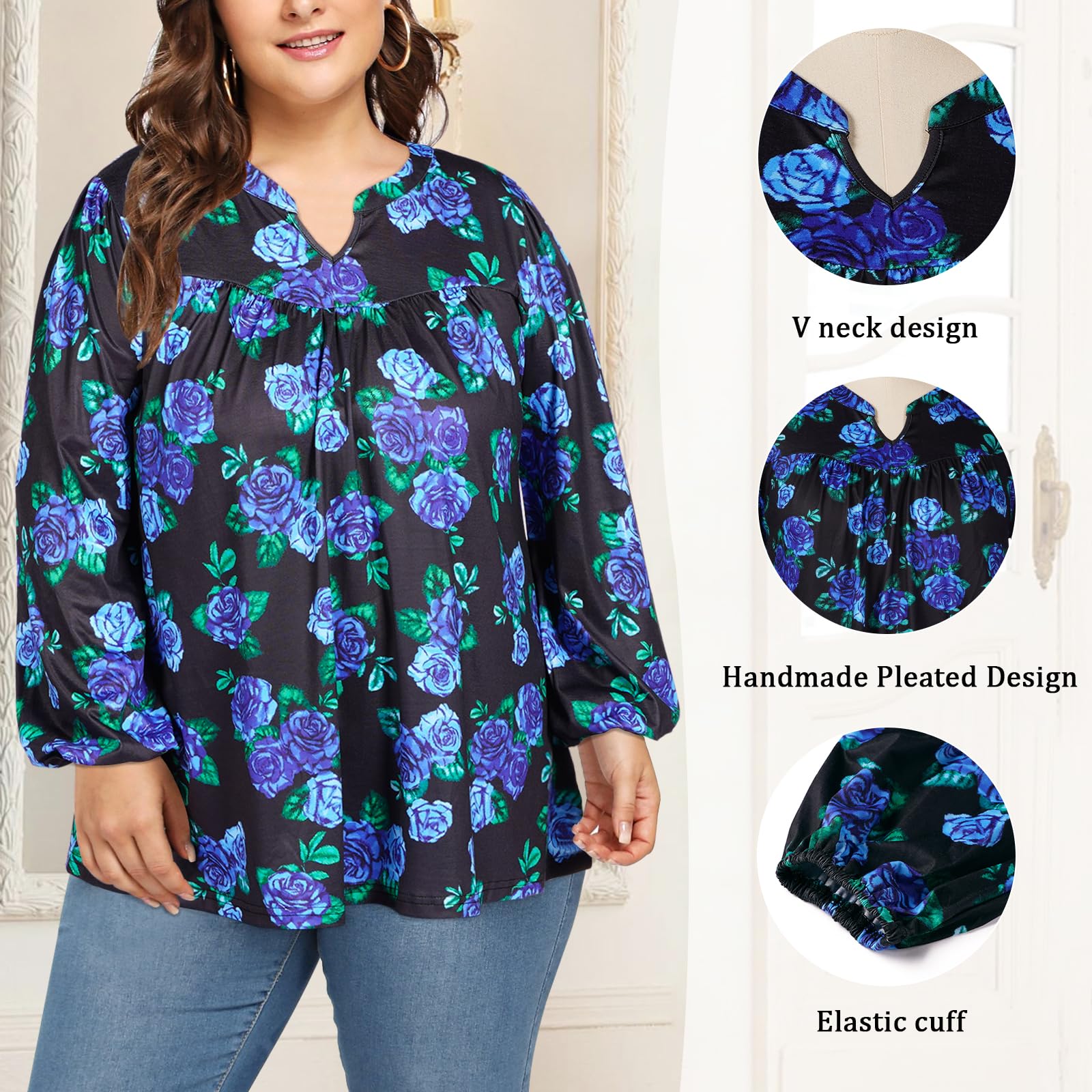 Plus Size Women's Casual Blouses - Blue Floral-Moon Wood