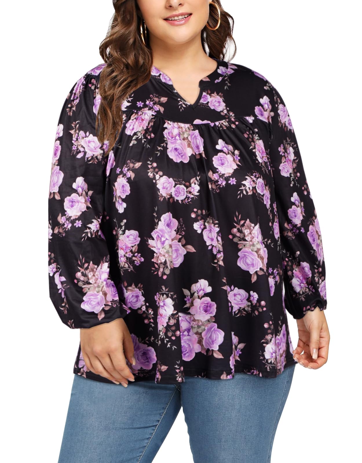 Plus Size Women's Casual Blouses - Purple Floral-Moon Wood