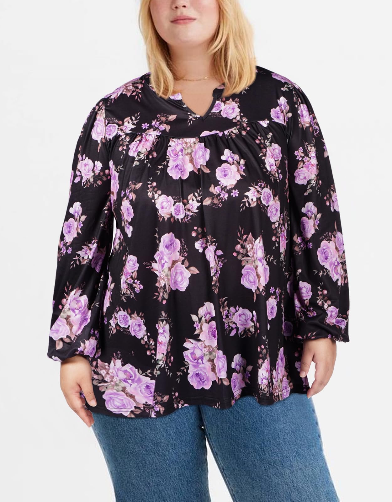 Plus Size Women's Casual Blouses - Purple Floral-Moon Wood