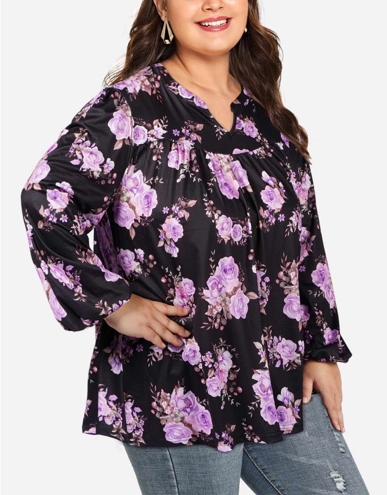 Plus Size Women's Casual Blouses - Purple Floral-Moon Wood