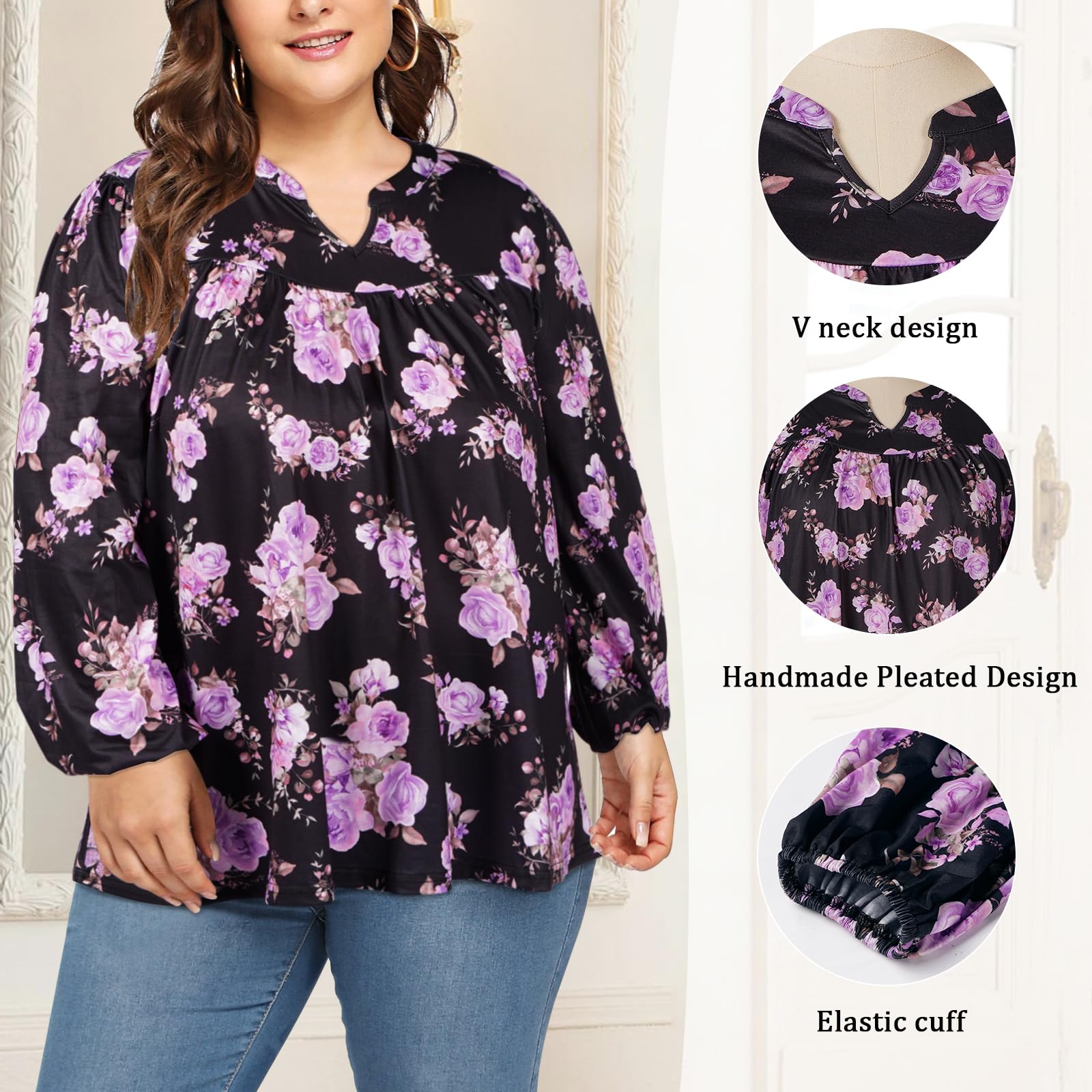 Plus Size Women's Casual Blouses - Purple Floral-Moon Wood