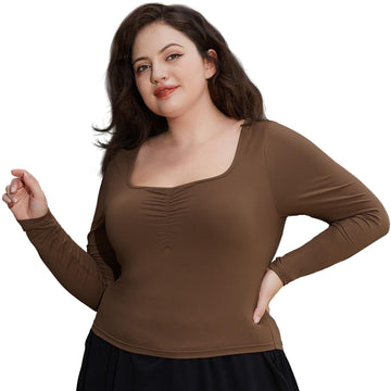 Plus Size Womens Long Sleeve Tops Square Neck - Coffee