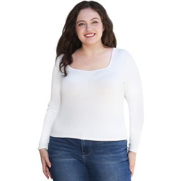 Plus Size Womens Long Sleeve Tops Square Neck - White