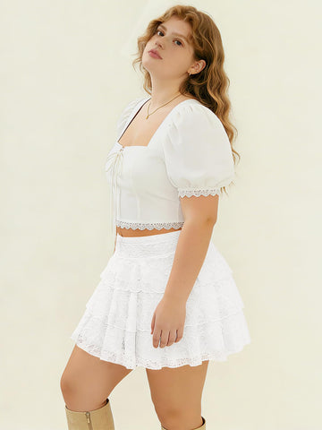 Plus Size Y2K Mini Skirt Lace Layered - White