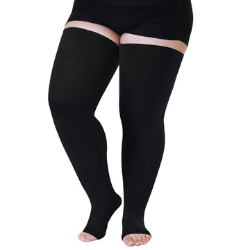 Plus Size Open Toe Thigh High Compression Stockings - Black