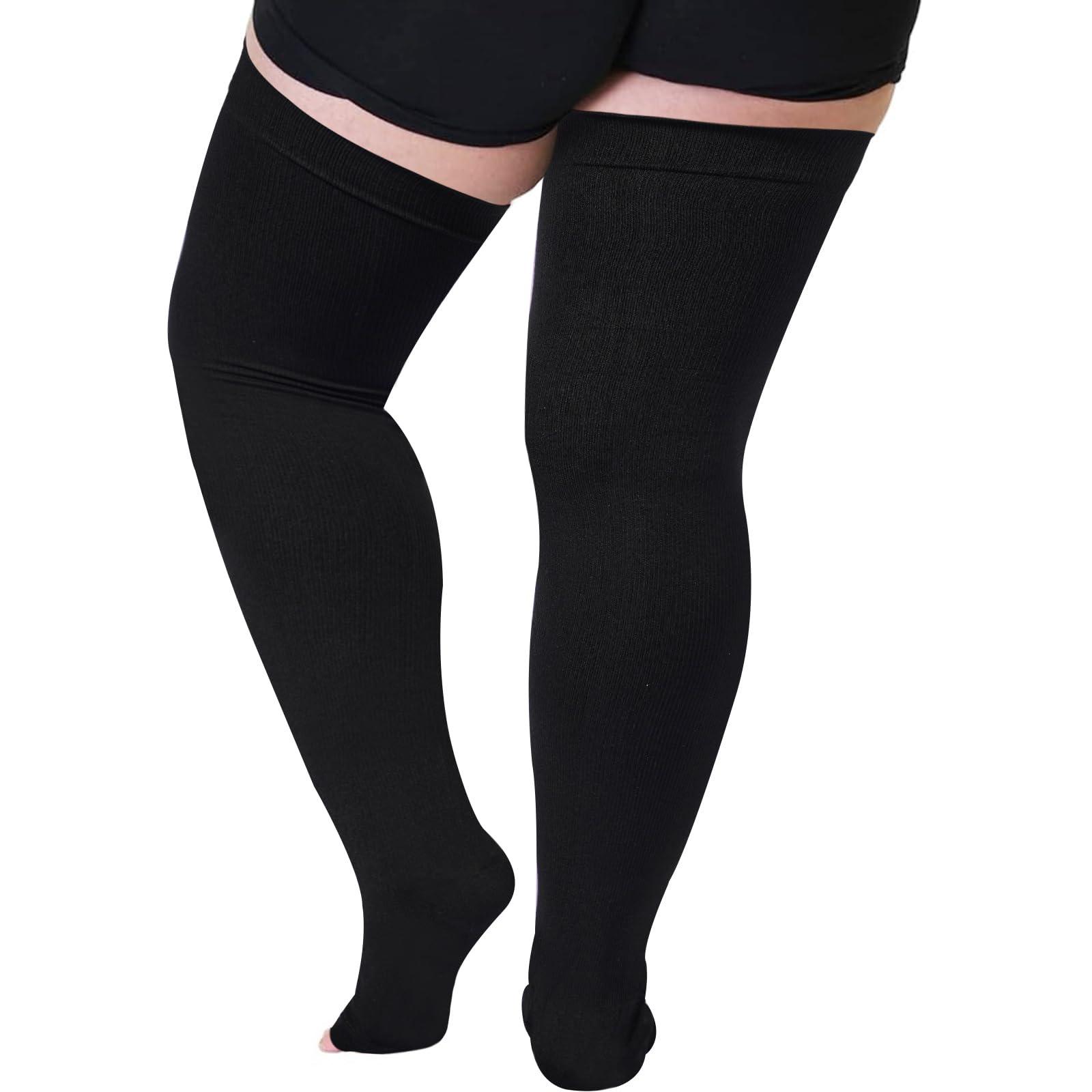 Plus Size Open Toe Thigh High Compression Stockings - Black-Moon Wood