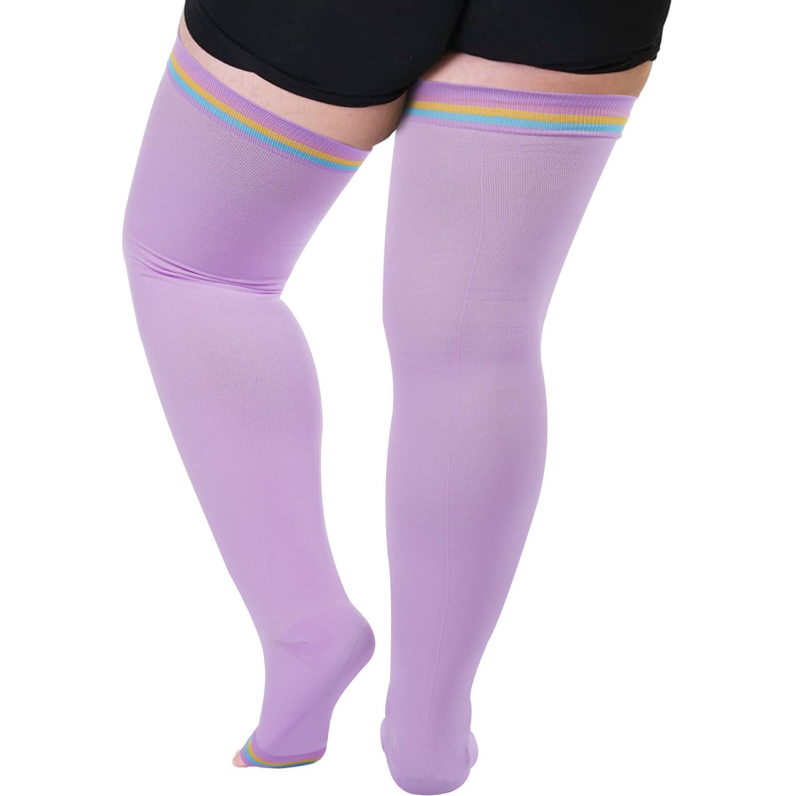 Plus Size Open Toe Thigh High Compression Stockings - Purple Rainbow-Moon Wood