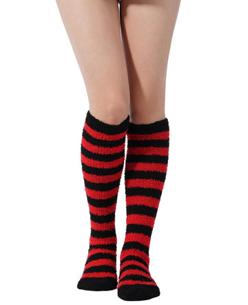 Striped Knee High Socks Coral Fleece - Black Red