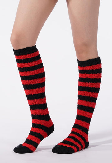 Striped Knee High Socks Coral Fleece - Black Red