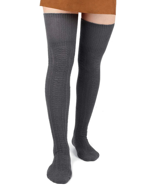 Dark grey thigh-high socks with ribbed leg and textured knit design