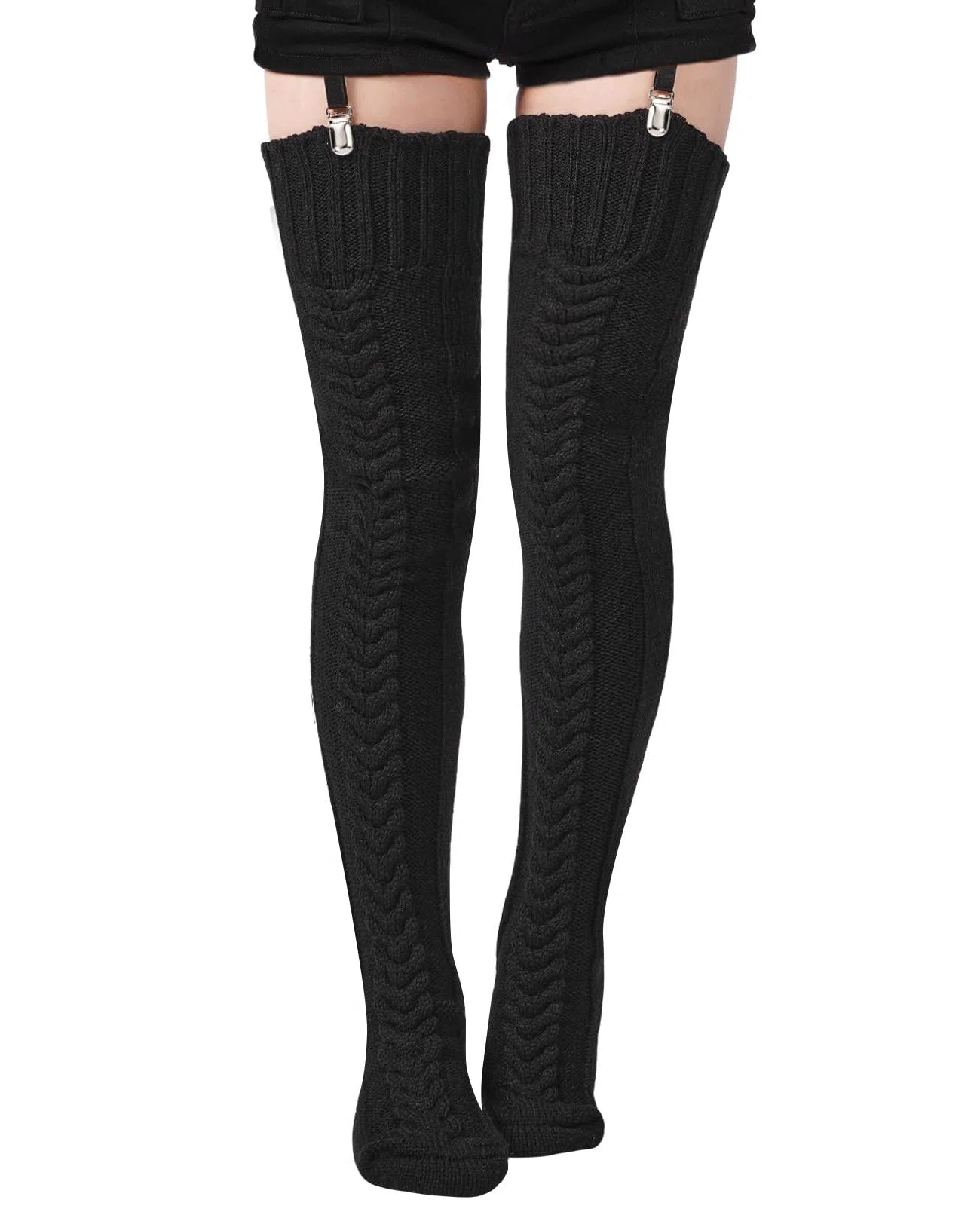 Thigh High Socks Thick Cable Knitted - Black