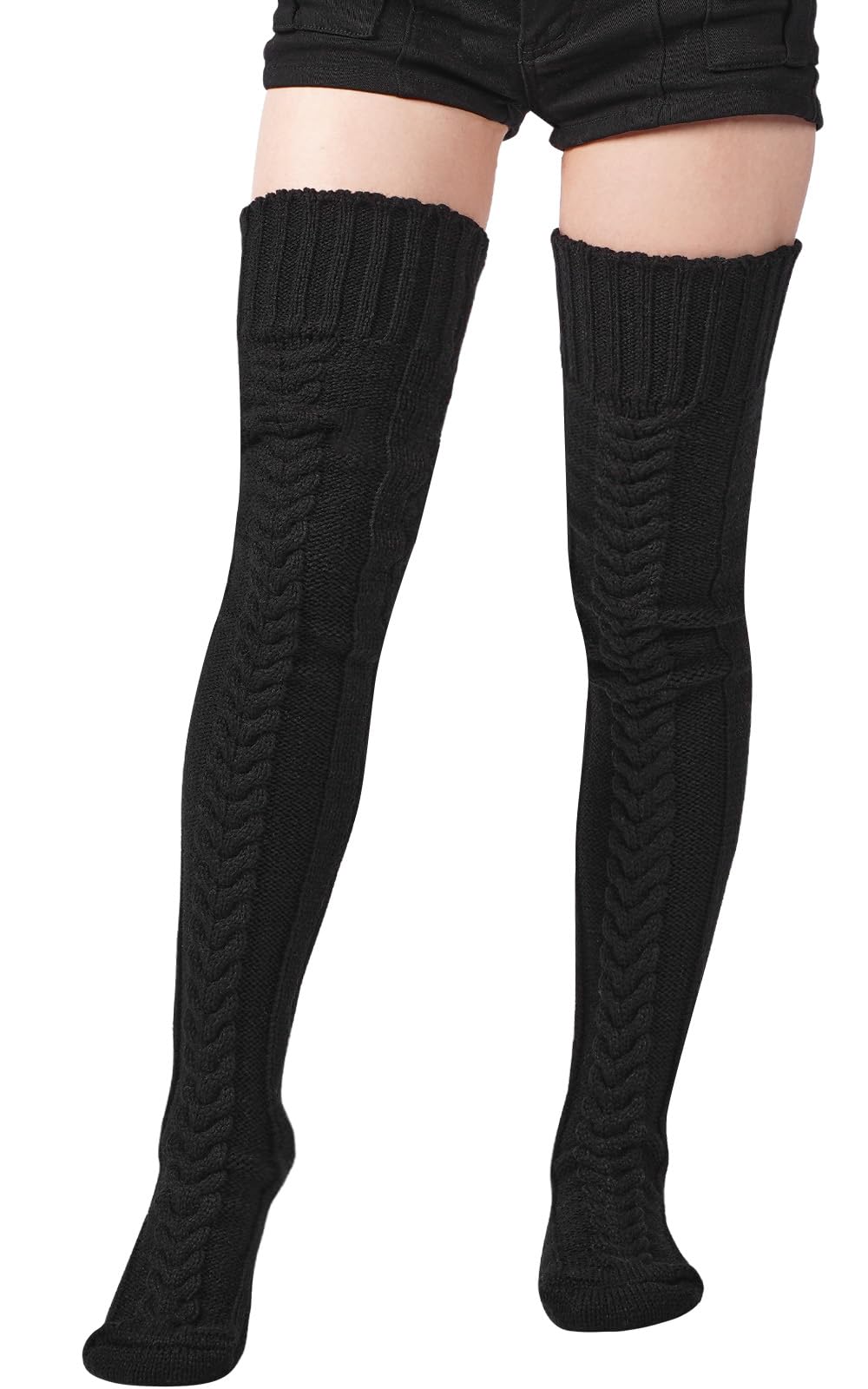 Thigh High Socks Thick Cable Knitted - Black | Moon Wood