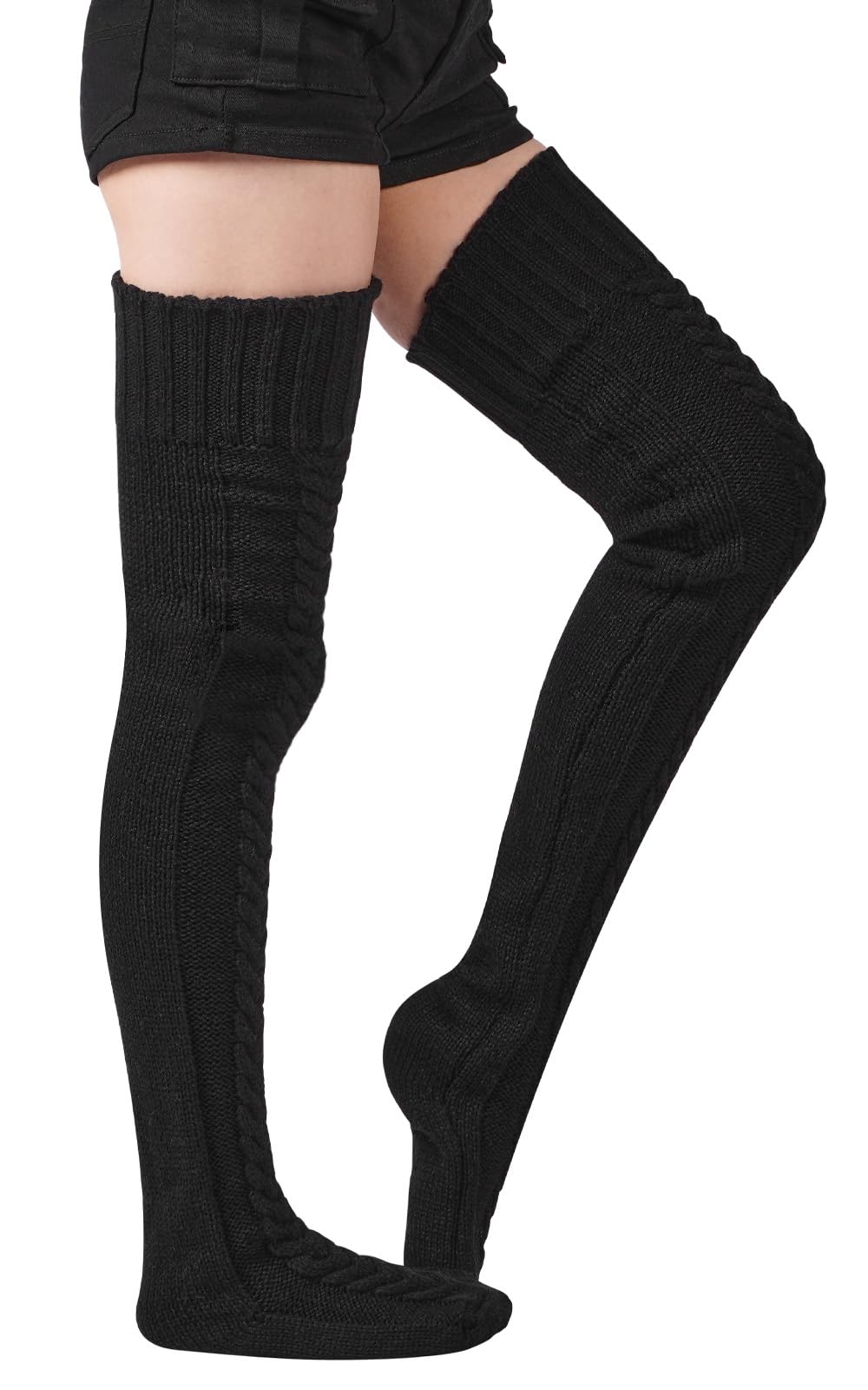 Thigh High Socks Thick Cable Knitted - Black | Moon Wood