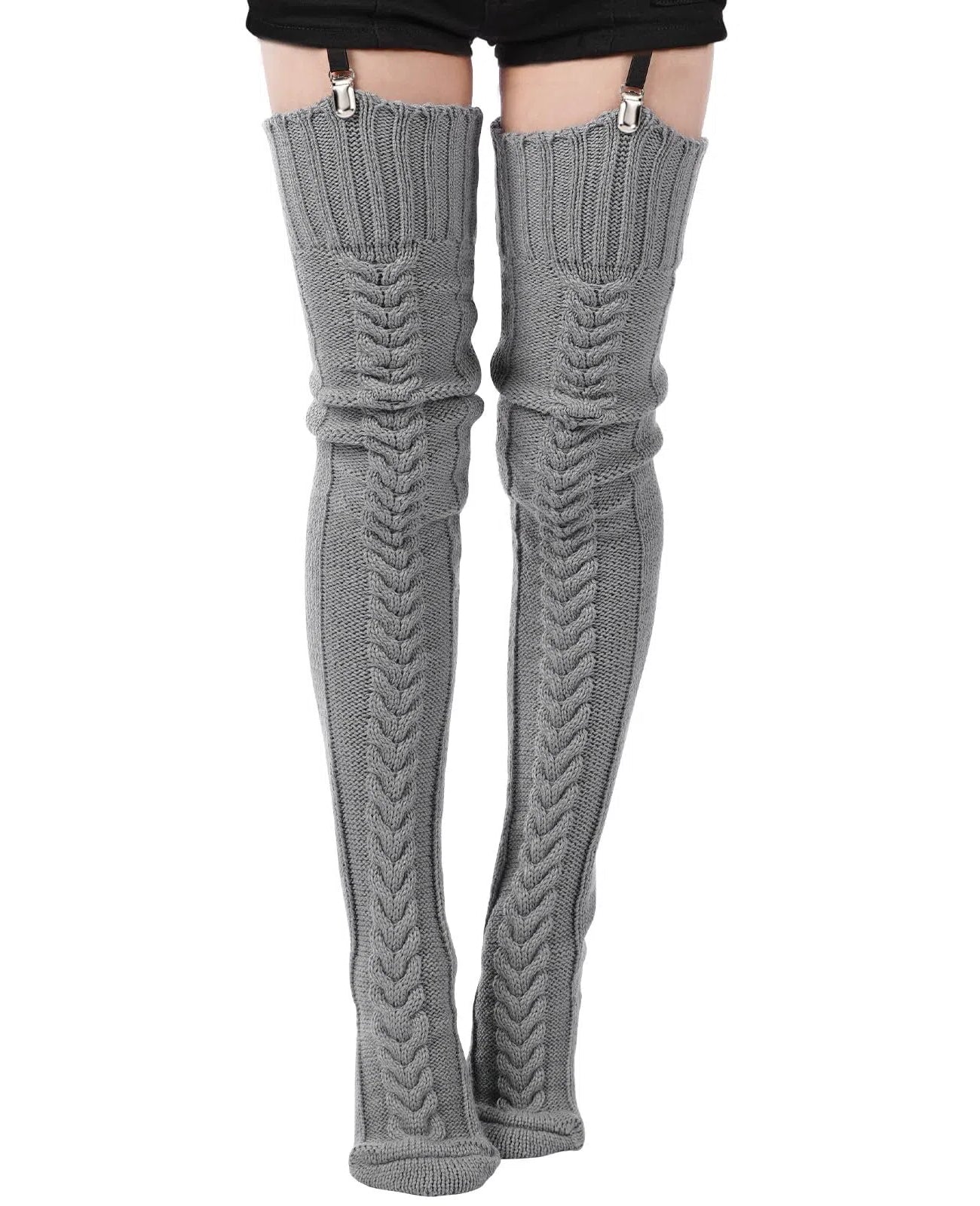 Thigh High Socks Thick Cable Knitted - Grey